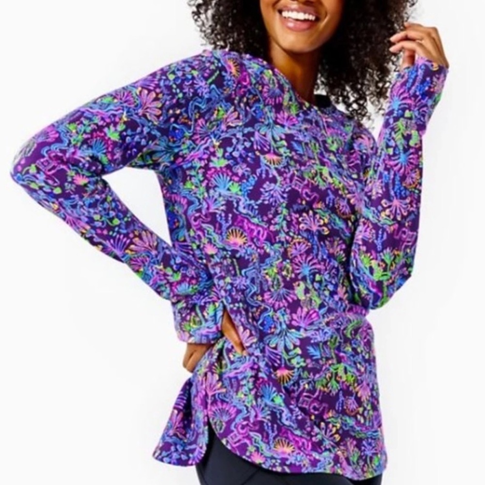Lilly Pulitzer Luxletic Purple Berry Colony Conga Blythe Pullover UPF 50+ Top ~